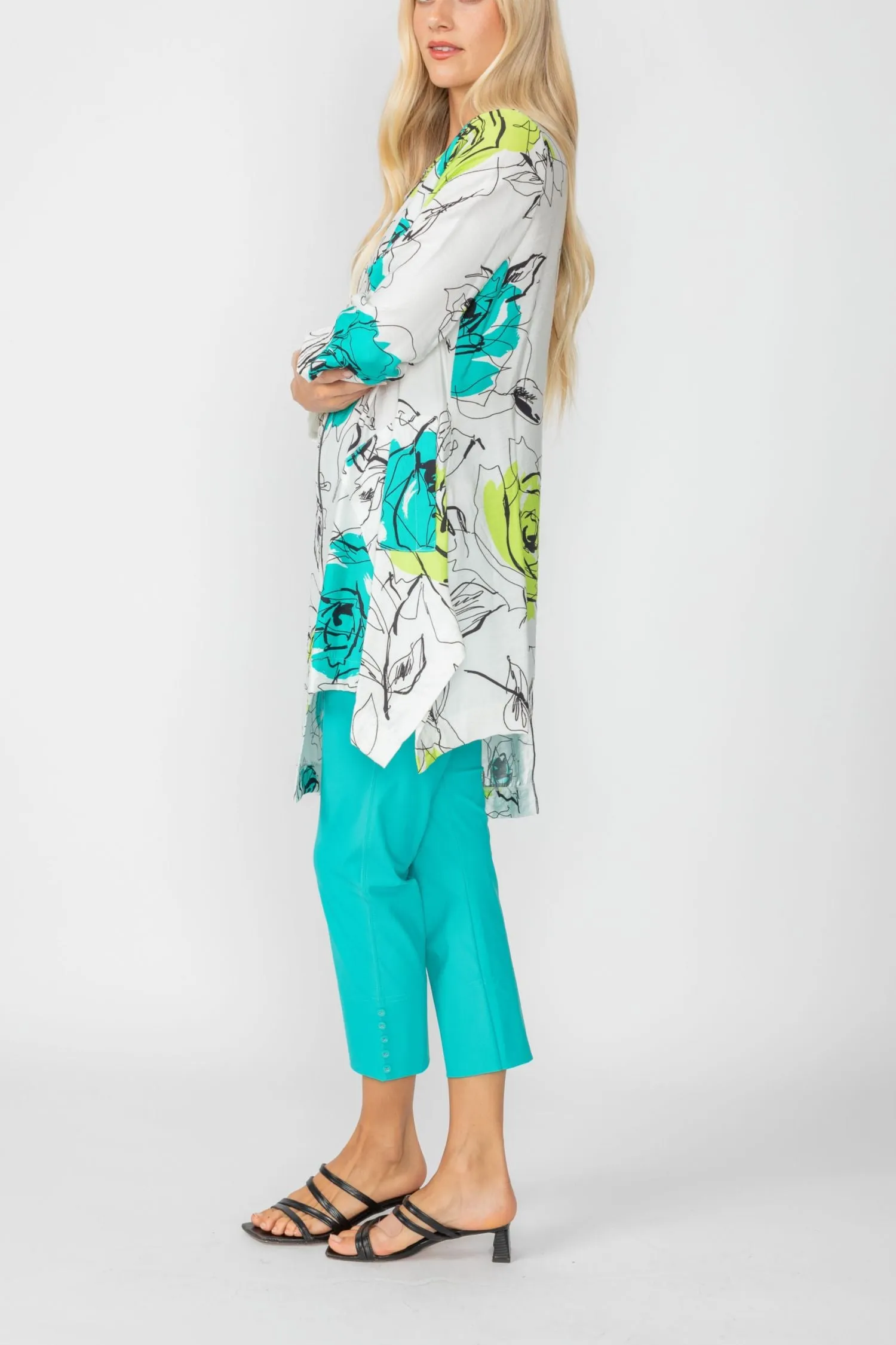 Turquoise Rose Print Zip-Front High-Low Tunic Top