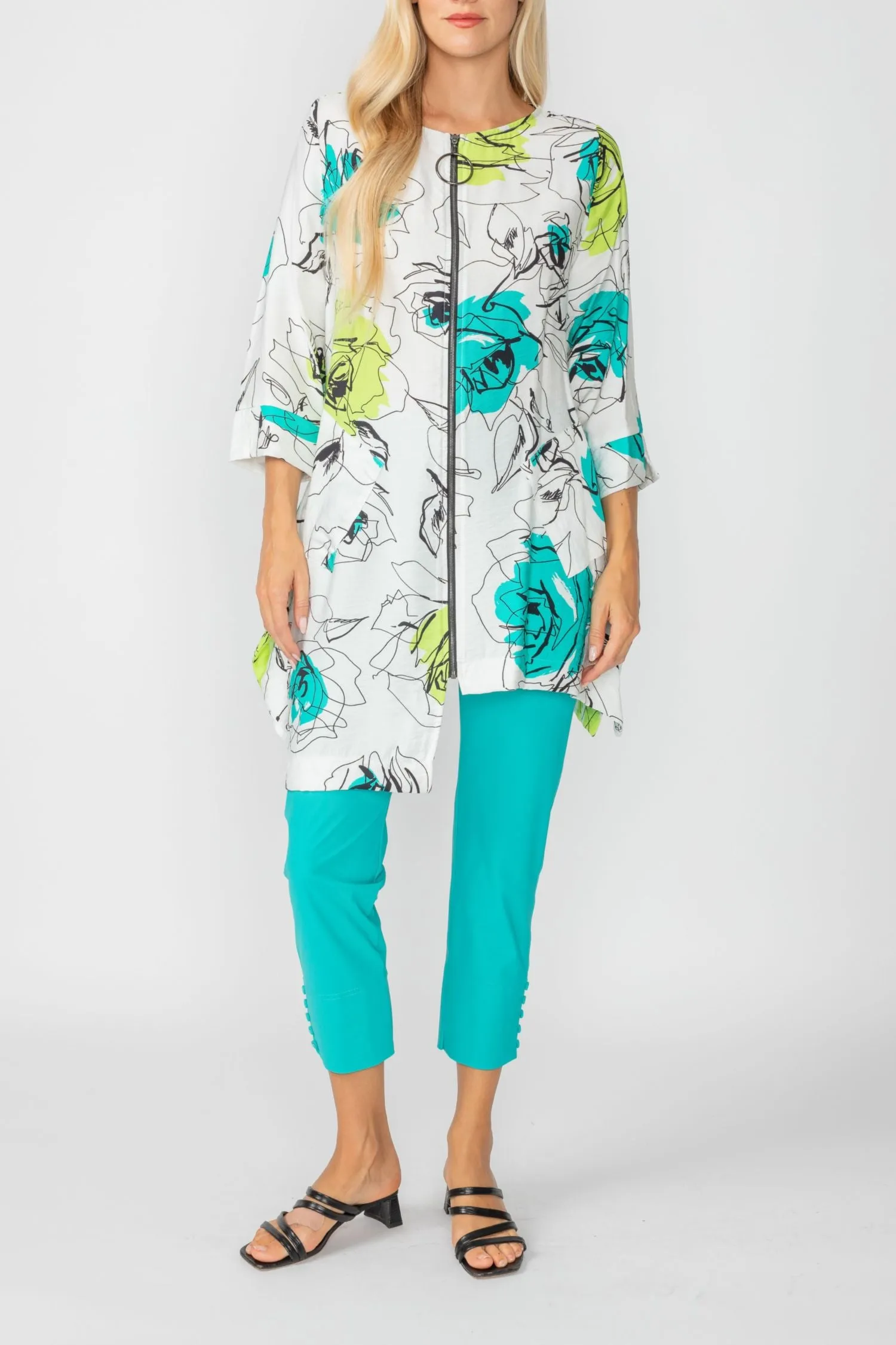 Turquoise Rose Print Zip-Front High-Low Tunic Top