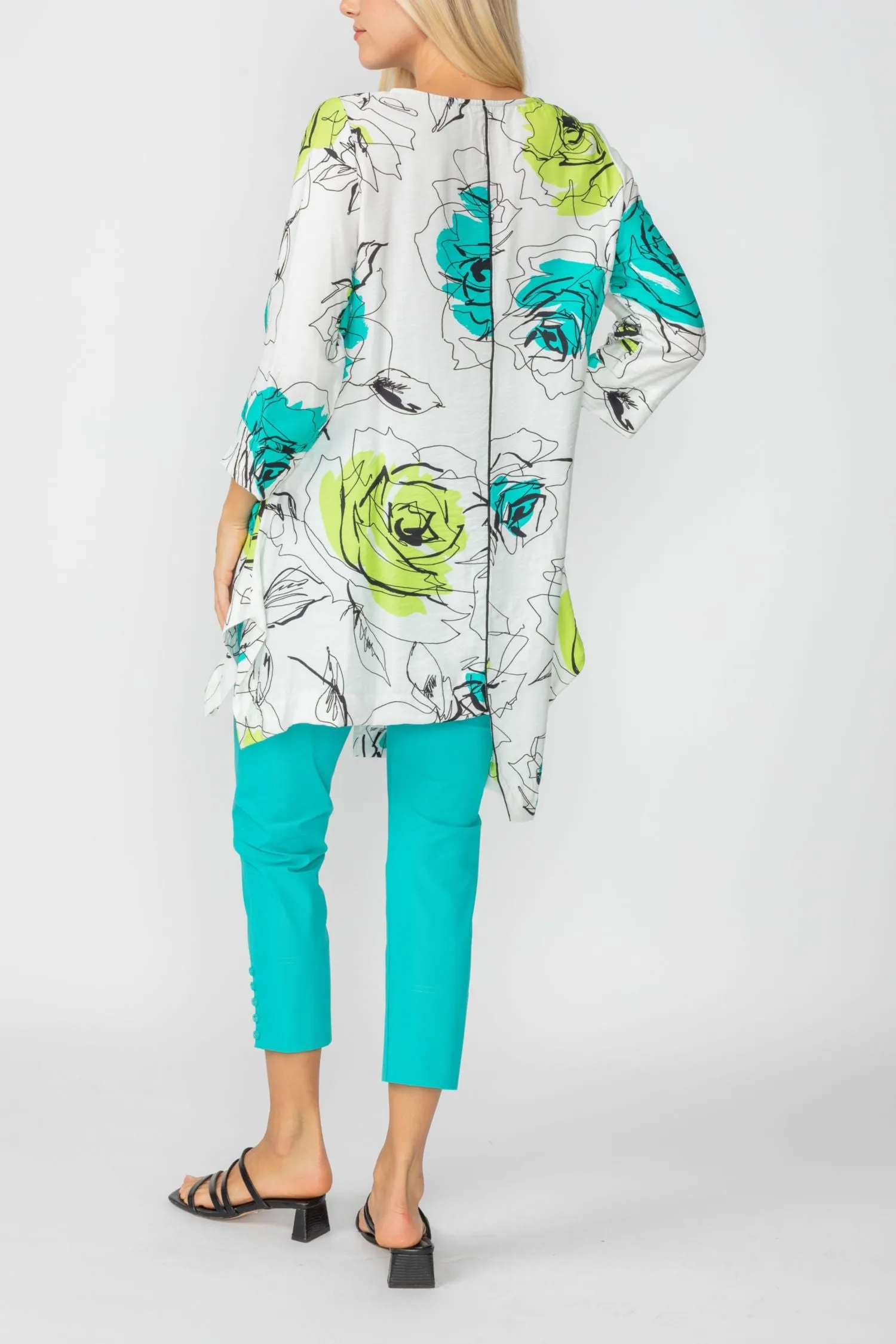 Turquoise Rose Print Zip-Front High-Low Tunic Top