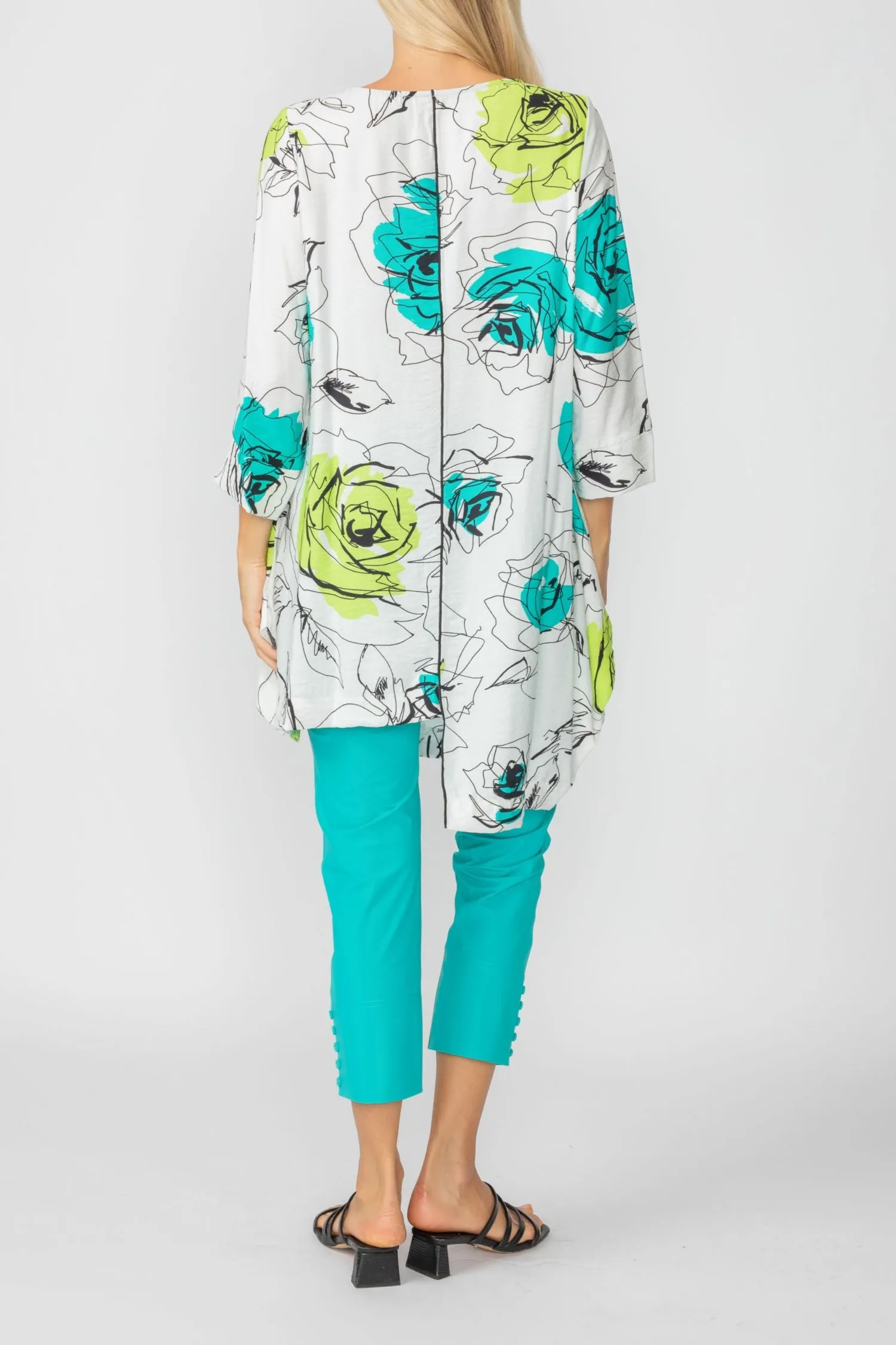 Turquoise Rose Print Zip-Front High-Low Tunic Top