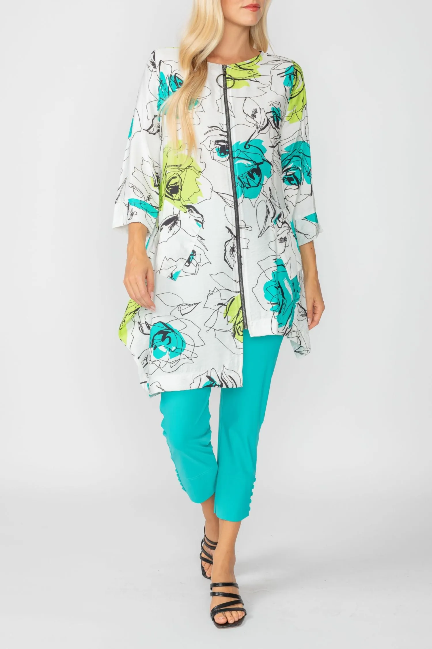 Turquoise Rose Print Zip-Front High-Low Tunic Top