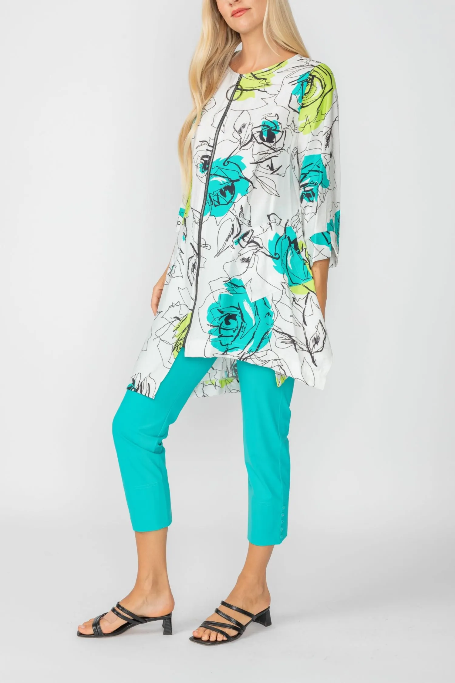 Turquoise Rose Print Zip-Front High-Low Tunic Top