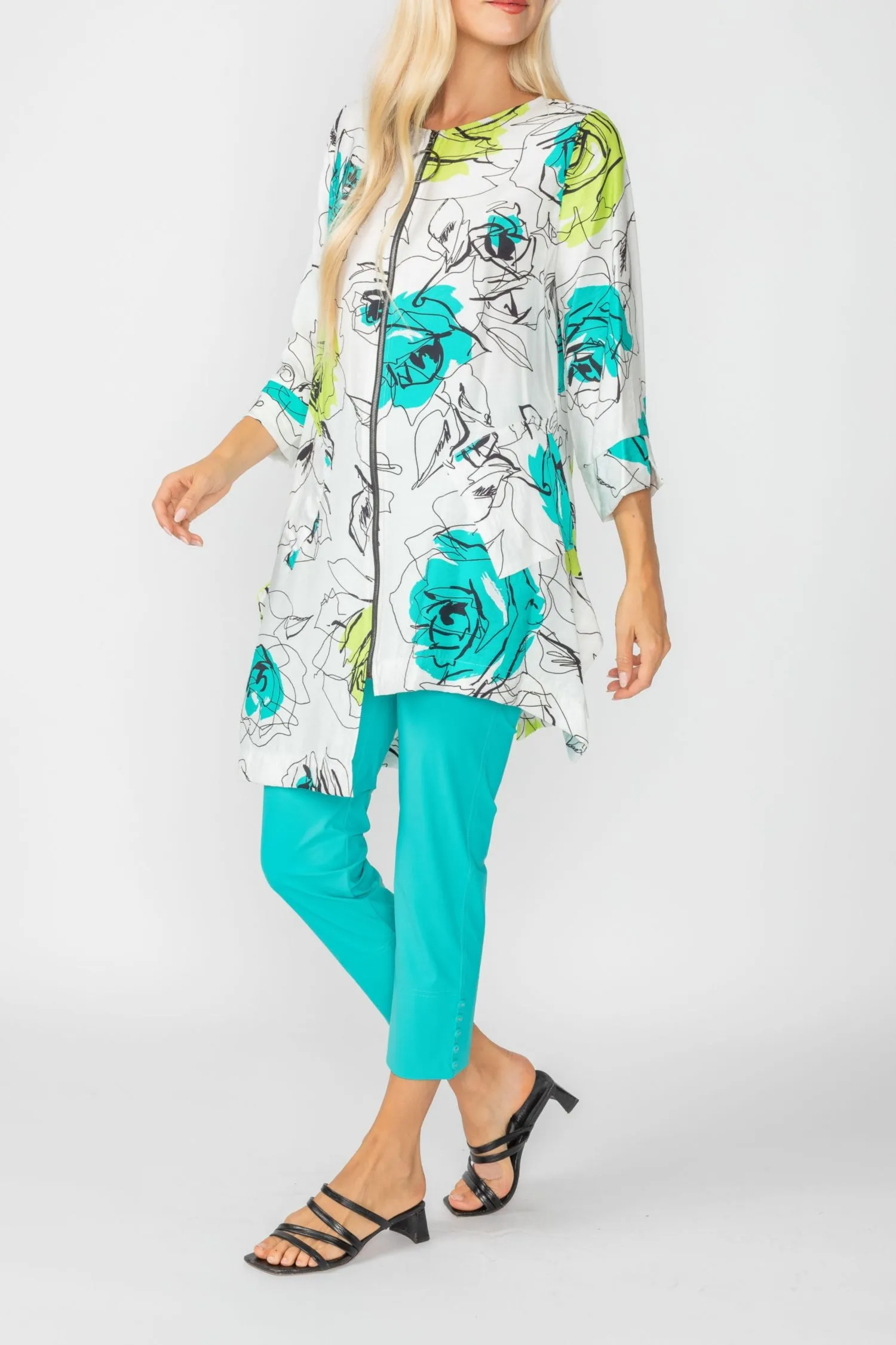 Turquoise Rose Print Zip-Front High-Low Tunic Top