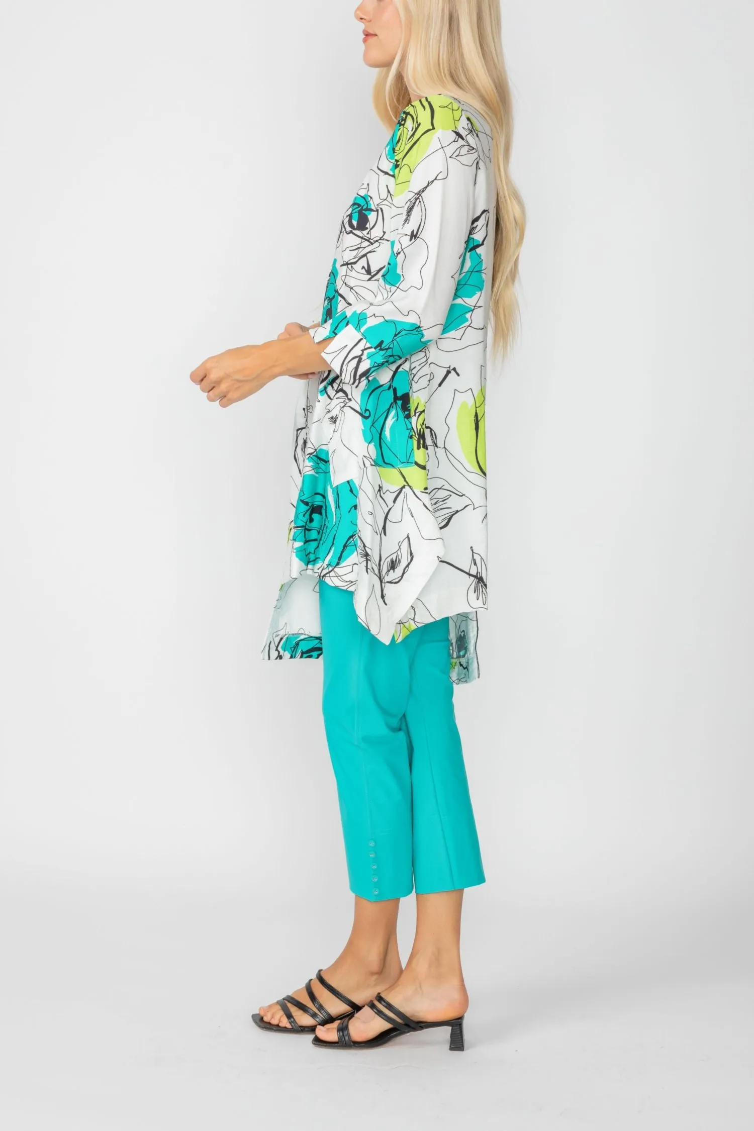 Turquoise Rose Print Zip-Front High-Low Tunic Top