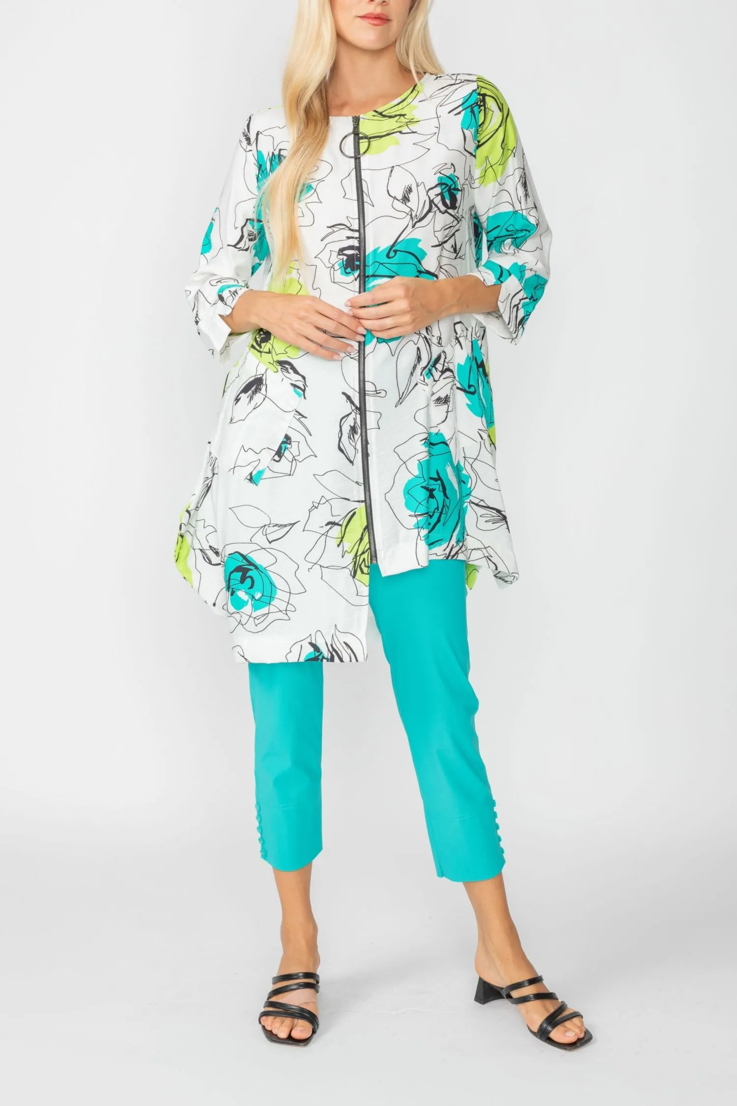 Turquoise Rose Print Zip-Front High-Low Tunic Top