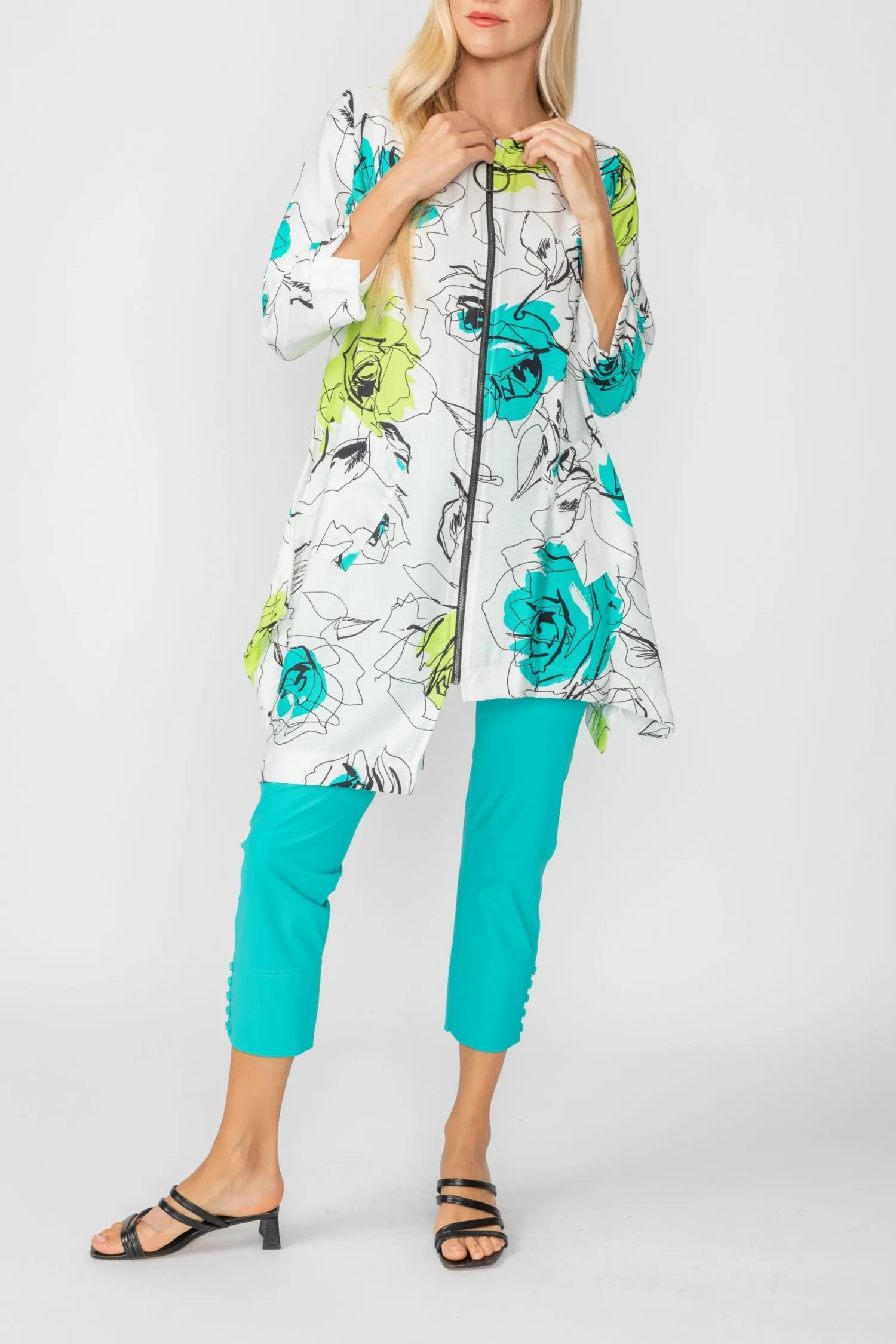 Turquoise Rose Print Zip-Front High-Low Tunic Top