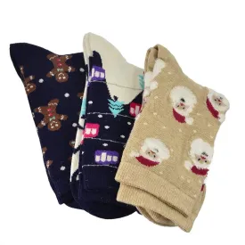 Women's Cotton Crew Socks, Santa Patterns Christmas Socks, Available in 3 Pair Pack