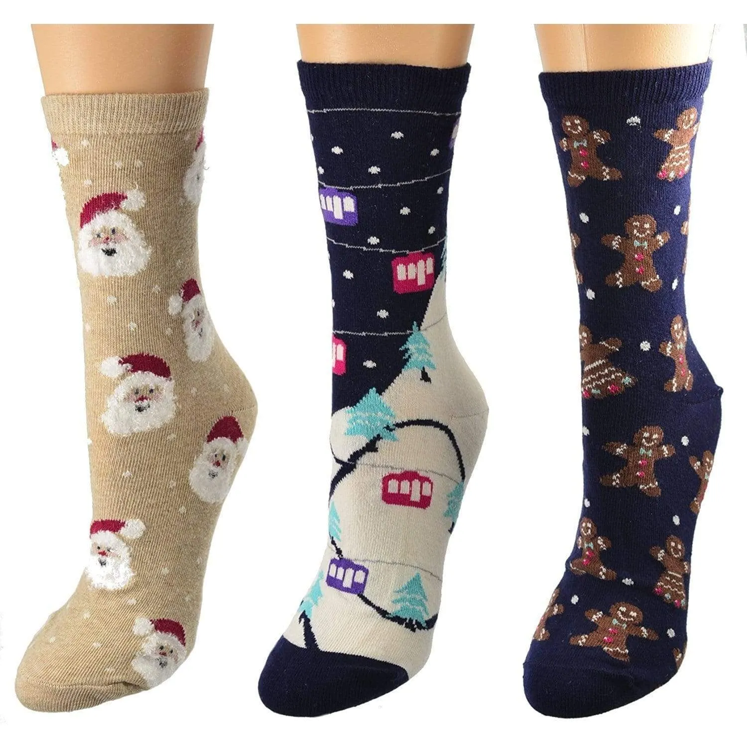 Women's Cotton Crew Socks, Santa Patterns Christmas Socks, Available in 3 Pair Pack